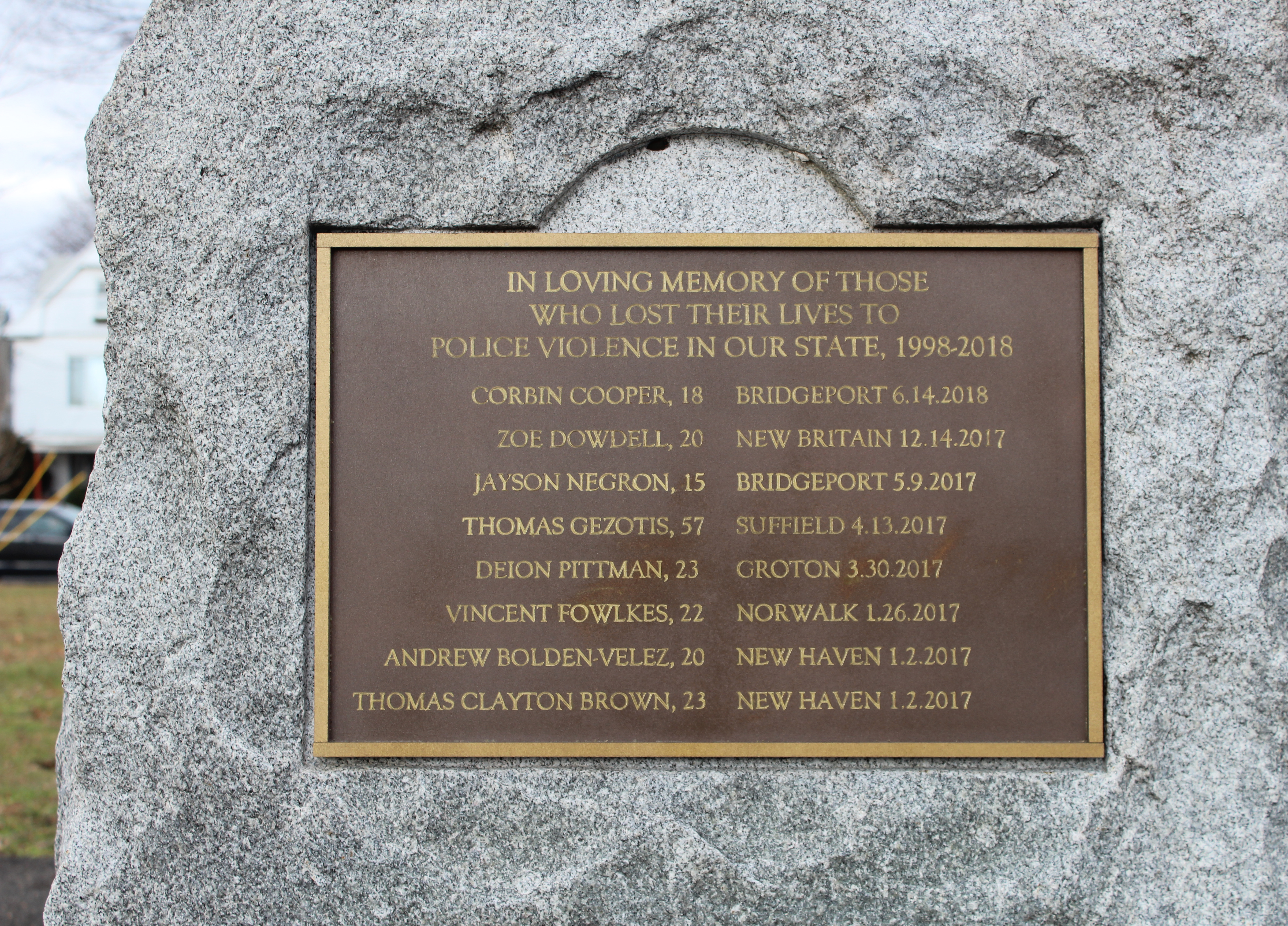 Photograph of plaque from my project "Connecticut Memorial to Victims of State Violence"