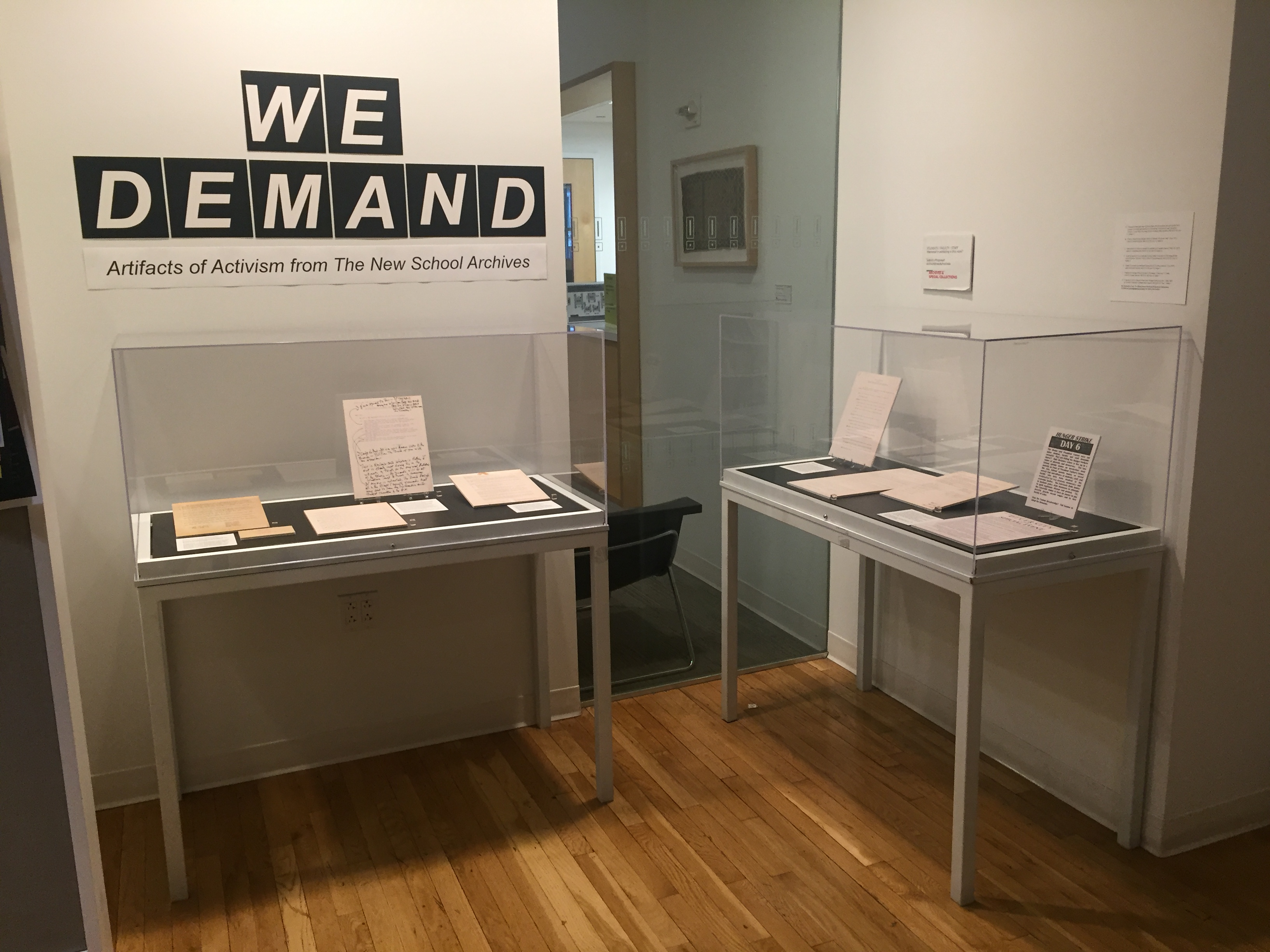 Photograph of exhibition of archival materials about activism at The New School