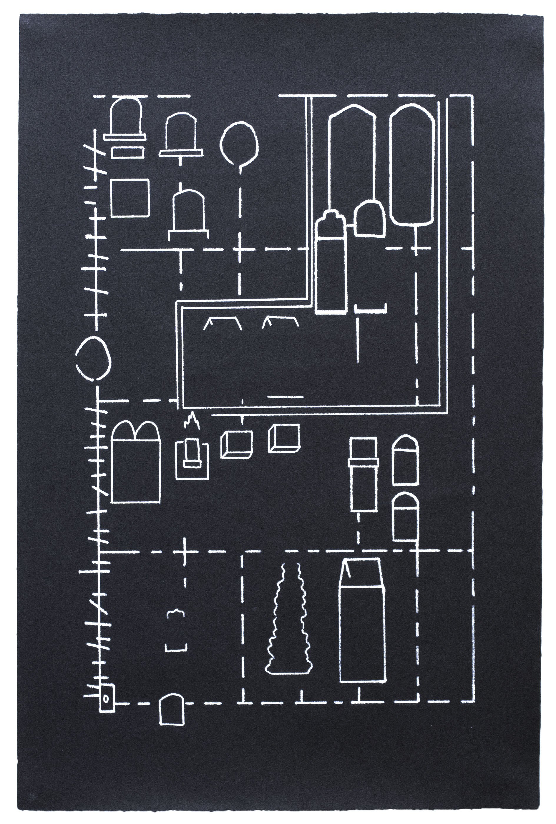 Silkscreen print of grave plot diagram. White ink on black paper