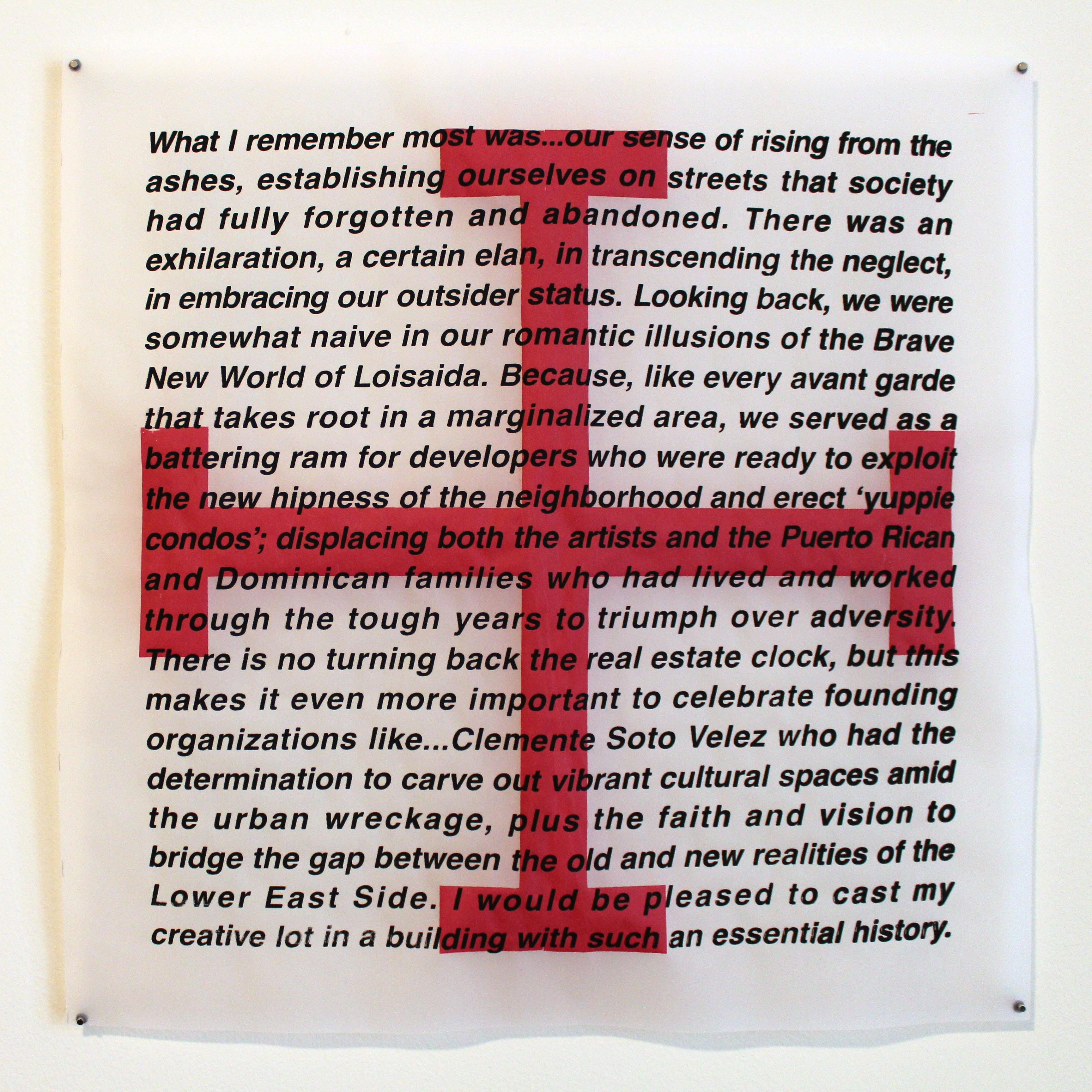 Silkscreen print with red cross shape and black text overlaid.